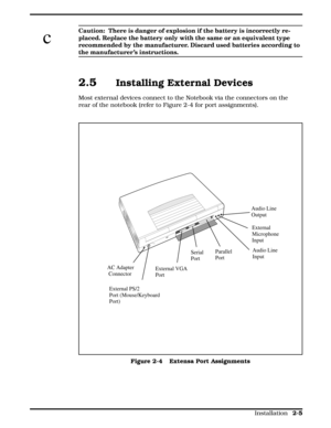 Page 27c
Caution:  There is danger of explosion if the battery is incorrectly re-
placed. Replace the battery only with the same or an equivalent type
recommended by the manufacturer. Discard used batteries according to
the manufacturer ’s instructions.
2.5 Installing External Devices
Most external devices connect to the Notebook via the connectors on the
rear of the notebook (refer to Figure 2-4 for port assignments).
AC Adapter
 ConnectorSerial
Port
External PS/2
Port (Mouse/Keyboard 
Port)External VGA...