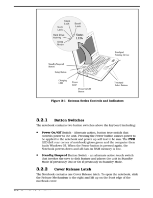 Page 353.2.1Button Switches
The notebook contains two button switches above the keyboard including:
·Power On/Off 
Switch - Alternate action, button type switch that
controls power to the unit. Pressing the Power button causes power to
be applied to the notebook and power up self test to be run. The PWR
LED (left rear corner of notebook) glows green and the computer then
loads Windows 95. When the Power button is pressed again, the
Notebook powers down and all data in RAM memory is lost.
·Standby/Suspend...