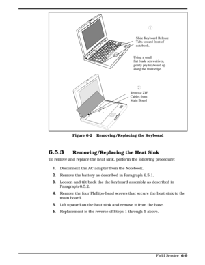 Page 666.5.3Removing/Replacing the Heat Sink
To remove and replace the heat sink, perform the following procedure:
1.  Disconnect the AC adapter from the Notebook.
2.Remove the battery as described in Paragraph 6.5.1.
3.Loosen and tilt back the the keyboard assembly as described in
Paragraph 6.5.2. 
4.Remove the four Phillips-head screws that secure the heat sink to the
main board.
5.Lift upward on the heat sink and remove it from the base.
6.Replacement is the reverse of Steps 1 through 5 above.
1
Slide...