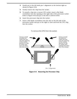 Page 743. Gently pry to the left (with pin 1 alignment at the bottom right as
shown in Figure 6-6).
4.Gently remove the chip from the socket.
5.  To install a chip into a vacant CPU socket, insert a flat blade
screwdriver into the opening at the right side of the processor socket
(refer to Figure 6-6) and pry to the left to unlock socket.
6.Insert the processor chip into the socket.
7.Insert a flat blade screwdriver into the slot on the left side of the
processor socket and pry to the right to close and lock...