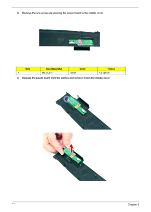 Page 7872Chapter 3
3.Remove the one screw (A) securing the power board to the middle cover. 
4.Release the power board from the latches and remove it from the middle cover. 
StepSize (Quantity)ColorTo r q u e
1 M2 x L3 (1) Silver 1.6 kgf-cm 