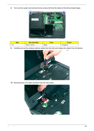 Page 85Chapter 379
8.Turn over the system and remove the two screws (B) from the bottom of the left and right hinges. 
9.Carefully pull out the wireless antenna cables from the hole and release the cables from the latches. 
10.Disconnect the LCD cable connector from the main board. 
StepSize (Quantity)ColorTo r q u e
1~2 M2.5 x L6 (2) Black 3.0 kgf-cm 