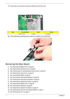 Page 9892Chapter 3
17.Remove the one screw (B) securing the USB board to the lower case. 
18.Lift the USB board and disconnect the cable from USBCN1 on the USB board. 
Removing the Main Board
1.See “Removing the Battery Pack” on page 54.
2.See “Removing the SD dummy card” on page 55.
3.See “Removing the PC and ExpressCard dummy cards” on page 56.
4.See “Removing the Lower Cover” on page 57.
5.See “Removing the DIMM” on page 58.
6.See “Removing the WLAN Board Modules” on page 59.
7.See “Removing the Hard Disk...