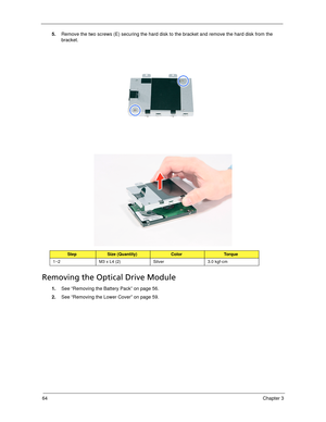 Page 7464Chapter 3
5.Remove the two screws (E) securing the hard disk to the bracket and remove the hard disk from the 
bracket. 
    
Removing the Optical Drive Module
1.See “Removing the Battery Pack” on page 56.
2.See “Removing the Lower Cover” on page 59.
StepSize (Quantity)ColorTo r q u e
1~2 M3 x L4 (2) Silver 3.0 kgf-cm 