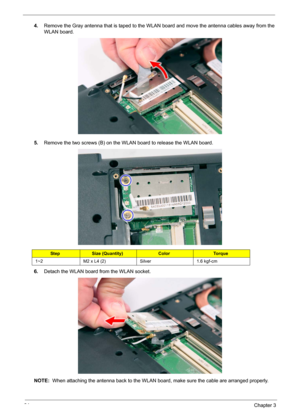 Page 7064Chapter 3
4.Remove the Gray antenna that is taped to the WLAN board and move the antenna cables away from the 
WLAN board.
5.Remove the two screws (B) on the WLAN board to release the WLAN board.   
6.Detach the WLAN board from the WLAN socket. 
NOTE:  When attaching the antenna back to the WLAN board, make sure the cable are arranged properly. 
StepSize (Quantity)ColorTo r q u e
1~2 M2 x L4 (2) Silver 1.6 kgf-cm 