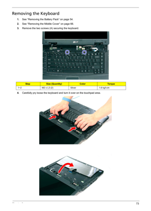 Page 79Chapter 373
Removing the Keyboard
1.See “Removing the Battery Pack” on page 54.
2.See “Removing the Middle Cover” on page 66.
3.Remove the two screws (A) securing the keyboard. 
4.Carefully pry loose the keyboard and turn it over on the touchpad area. 
StepSize (Quantity)ColorTo r q u e
1~2 M2 x L3 (2) Silver 1.6 kgf-cm 