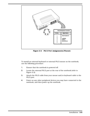 Page 26To install an external keyboard or external PS/2 mouse on the notebook,
use the following procedure:
1. Ensure that the notebook is powered off.
2.Locate the external PS/2 port at the rear of the notebook (refer to 
Figure 2-2).
3. Attach the PS/2 cable from your mouse and/or keyboard cable to the
PS/2 port.
4. Power on any other peripheral devices you may have connected to the
notebook, and then power up the notebook.
Figure 2-2   PS/2 Port Assignments/Pinouts
       
Installation 2-5 