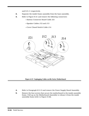 Page 1086-24   Field Service 
and 6.5.11 respectively.
2.    Separate the inside frame assembly from the base assembly.
3.    Refer to Figure 6-21 and remove the following connectors:
—Battery Connector Board Cable J21
—Speaker Cables J12 and J13
—Cover Closed Switch Cable J14
Figure 6-21  Unplugging Cables on 60x Series Motherboard
4.    Refer to Paragraph 6.5.13 and remove the Power Supply Board Assembly.
5.    Remove the four screws that secure the motherboard to the inside assembly 
frame. Pull up on the...