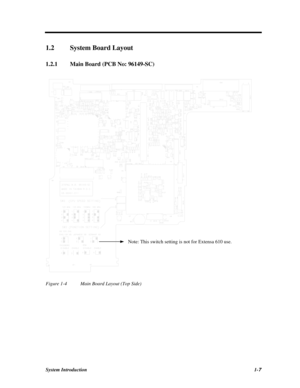 Page 25System Introduction1-71.2System Board Layout
1.2.1Main Board (PCB No: 96149-SC)Figure 1-4Main Board Layout (Top Side)Note: This switch setting is not for Extensa 610 use. 