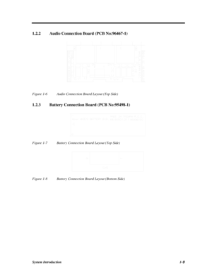 Page 27System Introduction1-91.2.2Audio Connection Board (PCB No:96467-1)Figure 1-6Audio Connection Board Layout (Top Side)
1.2.3Battery Connection Board (PCB No:95498-1)Figure 1-7Battery Connection Board Layout (Top Side)Figure 1-8Battery Connection Board Layout (Bottom Side) 