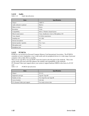 Page 401-22Service Guide1.4.14Audio
Table 1-21Audio SpecificationsItemSpecificationChipsetYMF715Audio onboard or optionalBuilt-inMono or stereoStereoResolution16-bitCompatibilitySB-16 , Windows Sound SystemMixed sound sourcesVoice, Synthesizer, Line-in, Microphone, CDVoice channel8-/16-bit, mono/stereoSampling rate44.1 kHzInternal microphoneNoInternal speaker / quantityYes / 2 pcs.Microphone jackYesHeadphone jackYes1.4.15PCMCIA
PCMCIA is an acronym for Personal Computer Memory Card International Association....