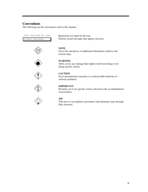 Page 5vConventions
The following are the conventions used in this manual:
Text entered by user
Represents text input by the user.
Screen messagesDenotes actual messages that appear onscreen.NOTE
Gives bits and pieces of additional information related to the
current topic.WARNING
Alerts you to any damage that might result from doing or not
doing specific actions.CAUTION
Gives precautionary measures to avoid possible hardware or
software problems.IMPORTANT
Reminds you to do specific actions relevant to the...