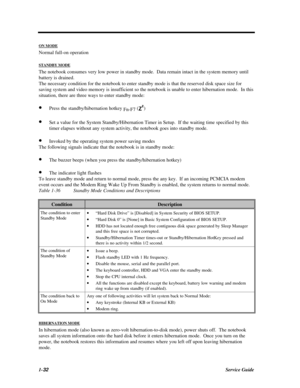 Page 501-32Service GuideON MODENormal full-on operation
STANDBY MODEThe notebook consumes very low power in standby mode.  Data remain intact in the system memory until
battery is drained.
The necessary condition for the notebook to enter standby mode is that the reserved disk space size for
saving system and video memory is insufficient so the notebook is unable to enter hibernation mode.  In this
situation, there are three ways to enter standby mode:
· Press the standby/hibernation hotkey 
Fn-F7 ()
· Set a...
