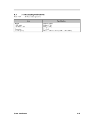 Page 57System Introduction1-391.8Mechanical Specifications
Table 1-43Mechanical SpecificationsItemSpecificationWeight
  FDD model
  CD-ROM model(includes battery)
2.6 kg. (5.7 lb.)
2.8 kg. (6.2 lb.)Dimensions
(main footprint)W x D x H
306mm x 228mm x 46mm (12.05” x 8.98” x 1.81”) 