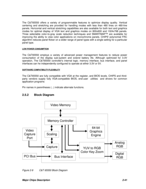 Page 98Major Chips Description2-41The C&T65550 offers a variety of programmable features to optimize display quality. Vertical
centering and stretching are provided for handling modes with less than 480 lines on 480-line
panels. Horizontal and vertical stretching capabilities are also available for both text and graphics
modes for optimal display of VGA text and graphics modes on 800x600 and 1024x768 panels.
Three selectable color-to-gray scale reduction techniques and SMARTMAP™ are available for
improving the...