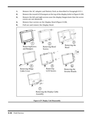 Page 1166-32   Field Service 
1.    Remove the AC adapter and Battery Pack as described in Paragraph 6.5.1.
2.    Remove the round LCD bumpers at the top of the display (refer to Figure 6-29).
3.    Remove the left and right screws near the display hinges (note that the screw 
covers are not identical).
4.    Remove four screws on the Display Bezel (Figure 6-29).
5.    Pull out and remove the Display Bezel.
Figure 6-29  Display Unit Disassembly
123
456
7
Removing the Display Cable
AssemblyRemoving the 
Inverter...