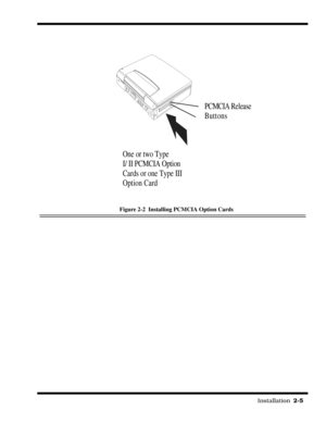 Page 35                                                                                                                         Installation  2-5  
 
Figure 2-2  Installing PCMCIA Option Cards
One or two Type
I/ II PCMCIA Option
Cards or one Type III
Option CardPCMCIA Release
Buttons 