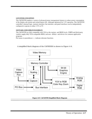 Page 63                                                                                                              Theory of Operation  4-17  
A simplified block diagram of the C&T65550 is shown in Figure 4-8. 
Figure 4-8  C&T65550 Simplified Block Diagram
LOW POWER CONSUM PTION
The C&T65550 employs a variety of advanced power management features to reduce power consumption
of the display sub-system and extend battery life. Although optimized for 3.3V operation, The C&T65550
controllers internal logic. memory...