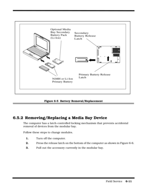 Page 105Field Service    6-11
 
Figure 6-5  Battery Removal/Replacement
6.5.2 Removing/Replacing a Media Bay Device
The computer has a latch-controlled locking mechanism that prevents accidental 
removal of devices from the modular bay.
Follow these steps to change modules.
1.Turn off the computer.
2.Press the release latch on the bottom of the computer as shown in Figure 6-6.
3.Pull out the accessory currently in the modular bay.
Secondary
Battery Release
Latch
Optional Media
Bay Secondary
Battery Pack...