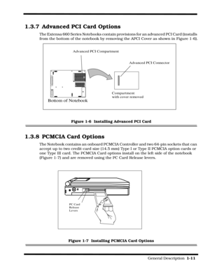 Page 19                                                                                                            General Description  1-11  
1.3.7 Advanced PCI Card Options
The Extensa 660 Series Notebooks contain provisions for an advanced PCI Card (installs 
from the bottom of the notebook by removing the APCI Cover as shown in Figure 1-6).
Figure 1-6  Installing Advanced PCI Card
1.3.8 PCMCIA Card Options
The Notebook contains an onboard PCMCIA Controller and two 64-pin sockets that can 
accept up to two...