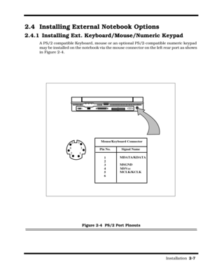 Page 33                                                                                                                         Installation  2-7  
2.4  Installing External Notebook Options
2.4.1 Installing Ext. Keyboard/Mouse/Numeric Keypad
A PS/2 compatible Keyboard, mouse or an optional PS/2-compatible numeric keypad 
may be installed on the notebook via the mouse connector on the left rear port as shown 
in Figure 2-4.
Figure 2-4  PS/2 Port Pinouts
 Mouse/Keyboard Connector
Pin No. Signal Name
1
2
3
4
5...