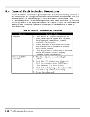 Page 725-12   Troubleshooting Procedures
5.4 General Fault Isolation Procedures
Table 5-5 contains a summary of general problems that may occur during operation of 
the notebook and the appropriate corrective actions that should be taken for each. For 
other symptoms, go on to Paragraph 5.5 and troubleshoot the notebook using 
PC-Doctor Diagnostics. In the event of problems using a Port Replicator, try attaching 
all desktop devices to the notebook to isolate the problem to either the notebook or the 
port...