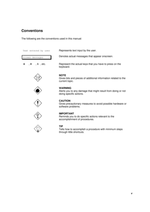 Page 5v Conventions
The following are the conventions used in this manual:
Text entered by userRepresents text input by the user.
Screen messagesDenotes actual messages that appear onscreen.
a, e, s, etc.Represent the actual keys that you have to press on the
keyboard.NOTE
Gives bits and pieces of additional information related to the
current topic.WARNING
Alerts you to any damage that might result from doing or not
doing specific actions.CAUTION
Gives precautionary measures to avoid possible hardware or...