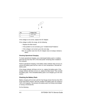 Page 524-6 EXTENSA 700/710 Service Guide
:
If the voltage is not correct, replace the AC Adapter.
If the voltage is within the range, do the following:
•  Replace the Main board.
•  If the problem is not corrected, go to “Undetermined Problems”.
•  If the voltage is not correct, go to the next step.
Note: An audible noise from the AC Adapter does not always indicate a 
defect.
Checking Operational Charging: 
To check operational charging, use a discharged battery pack or a battery 
pack that has less than 50%...