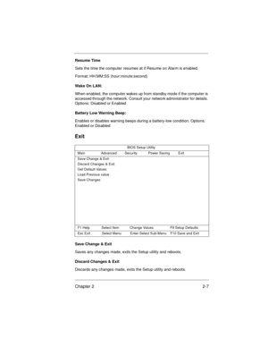 Page 27Chapter 2 2-7
Resume Time 
Sets the time the computer resumes at if Resume on Alarm is enabled.
Format: HH:MM:SS (hour:minute:second) 
Wake On LAN: 
When enabled, the computer wakes up from standby mode if the computer is 
accessed through the network. Consult your network administrator for details. 
Options: Disabled or Enabled
Battery Low Warning Beep:
Enables or disables warning beeps during a battery-low condition. Options: 
Enabled or Disabled
Exit
Save Change & Exit
Saves any changes made, exits...