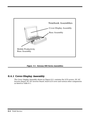 Page 1026-4   Field Service 
Figure  6-1  Extensa 900 Series Assemblies
6.4.1 Cover-Display Assembly
The Cover -Display Assembly shown in Figure 6-2, contains the LCD screen, DC-AC 
Inverter Board, DC-DC Inverter Board, bezel LCD cover and various other components 
as listed in Table 6-1.
Mobile Productivity
Base Assembly
Notebook Assemblies
     Cover-Display Assembly
     
     Base Assembly 