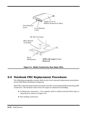 Page 1086-10   Field Service 
Figure 6-4  Mobile Productivity Base Major FRUs
6.5 Notebook FRU Replacement Procedures
The following paragraphs contain field service-level removal/replacement procedures 
for the 900 Series Notebook Computers.
Most FRU removal/replacement procedures involve connecting and disconnecting cable 
connectors. The Extensa series uses two types of connectors including:
¨Locking-type connectors - Use a plastic stick to unlock and lock these type of 
connectors as shown in Figure 6-5....