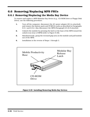 Page 1306-32   Field Service 
6.6 Removing/Replacing MPB FRUs
6.6.1 Removing/Replacing the Media Bay Device
To remove and replace a MPB Modular Bay Device (e.g., CD-ROM Drive or Floppy Disk 
Drive), use the following procedure:
1.Turn off the computer; disconnect the AC power adapter (if it is attached), 
and remove the battery pack and PCMCIA cards as described in Paragraphs 
6.5.1 and 6.5.2. Also disconnect the MPB (Paragraph 6.5.3) if attached.
2.Unlatch the module by pressing the latch at the base of the MPB...