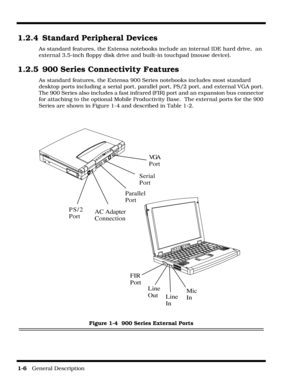 Page 16         
1-6   General Description
1.2.4 Standard Peripheral Devices
As standard features, the Extensa notebooks include an internal IDE hard drive,  an 
external 3.5-inch floppy disk drive and built-in touchpad (mouse device).
1.2.5 900 Series Connectivity Features
As standard features, the Extensa 900 Series notebooks includes most standard 
desktop ports including a serial port, parallel port, PS/2 port, and external VGA port. 
The 900 Series also includes a fast infrared (FIR) port and an expansion...