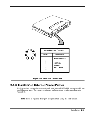 Page 37                                                                                                                         Installation  2-9  
Figure 2-6  PS/2 Port Connections
2.4.3 Installing an External Parallel Printer
The Notebook is equipped with an external, bidirectional, ECC/EPP compatible, 25-pin 
parallel printer port. The connector pinouts and connector location are shown in 
Figure 2-7.
Note: Refer to Figure 2-4 for port assignments if using the MPB option. 