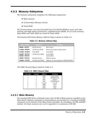 Page 61                                                                                                            Theory of Operation  4-5  
4.2.2 Memory Subsystem
The memory subsystem comprises the following components:
¨Main memory
¨L2 Secondary Memory (cache)
¨Flash ROM
The Extensa Series uses fast Extended Data Out (EDO) DRAM for main and video 
memory and high-speed synchronous, pipelined burst SRAM  for L2 cache memory. 
Main BIOS and Video BIOS are stored in Flash ROM.
The Extensa 900 Series Memory...