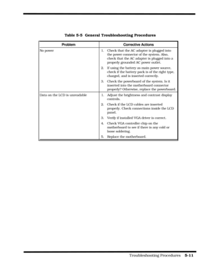 Page 93                                                                                           Troubleshooting Procedures    5-11  
Table 5-5  General Troubleshooting Procedures
Problem Corrective Actions
No power 1.  Check that the AC adapter is plugged into
the power connector of the system. Also,
check that the AC adapter is plugged into a
properly grounded AC power outlet.
2.  If using the battery as main power source,
check if the battery pack is of the right type,
charged, and is inserted correctly.
3....