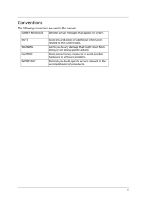 Page 5V
Conventions
The following conventions are used in this manual:
SCREEN MESSAGES Denotes actual messages that appear on screen.
NOTE Gives bits and pieces of additional information 
related to the current topic.
WARNING Alerts you to any damage that might result from 
doing or not doing specific actions.
CAUTION Gives precautionary measures to avoid possible 
hardware or software problems.
IMPORTANT Reminds you to do specific actions relevant to the 
accomplishment of procedures. 