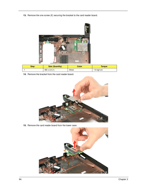 Page 10494Chapter 3
13.Remove the one screw (E) securing the bracket to the card reader board.  
14.Remove the bracket from the card reader board. 
15.Remove the card reader board from the lower case. 
StepSize (Quantity)ColorTo r q u e
1 M2 x L4 (1) Silver 1.6 kgf-cm 