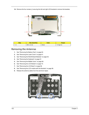 Page 112102Chapter 3
10.Remove the four screws (J) securing the left and right LCD brackets to remove the brackets. 
Removing the Antennas 
1.See “Removing the Battery Pack” on page 60.
2.See “Removing the Lower Cover” on page 61.
3.See “Removing the WLAN Board Modules” on page 63.
4.See “Removing the Keyboard” on page 67.
5.See “Removing the Middle Cover” on page 68.
6.See “Removing the LCD Module” on page 70.
7.See “Removing the LCD Bezel” on page 96.
8.See “Removing the LCD module with the Brackets” on page...