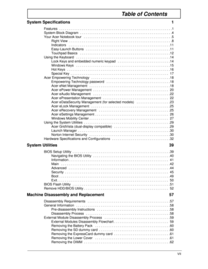 Page 7VII
Table of Contents
System Specifications  1
Features  . . . . . . . . . . . . . . . . . . . . . . . . . . . . . . . . . . . . . . . . . . . . . . . . . . . . . . . . . . . .1
System Block Diagram  . . . . . . . . . . . . . . . . . . . . . . . . . . . . . . . . . . . . . . . . . . . . . . . . .4
Your Acer Notebook tour   . . . . . . . . . . . . . . . . . . . . . . . . . . . . . . . . . . . . . . . . . . . . . . .5
Right View  . . . . . . . . . . . . . . . . . . . . . . . . . . . . . . . . . . . . . . ....