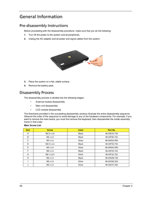 Page 6858Chapter 3
General Information
Pre-disassembly Instructions
Before proceeding with the disassembly procedure, make sure that you do the following:
1.Turn off the power to the system and all peripherals.
2.Unplug the AC adapter and all power and signal cables from the system. 
3.Place the system on a flat, stable surface. 
4.Remove the battery pack.
Disassembly Process
The disassembly process is divided into the following stages:
 External module disassembly
 Main unit disassembly
 LCD module...