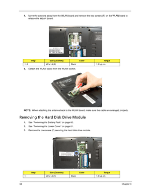 Page 7464Chapter 3
4.Move the antenna away from the WLAN board and remove the two screws (F) on the WLAN board to 
release the WLAN board.   
5.Detach the WLAN board from the WLAN socket. 
NOTE:  When attaching the antenna back to the WLAN board, make sure the cable are arranged properly. 
Removing the Hard Disk Drive Module 
1.See “Removing the Battery Pack” on page 60.
2.See “Removing the Lower Cover” on page 61.
3.Remove the one screw (F) securing the hard disk drive module. 
StepSize (Quantity)ColorTo r q u...