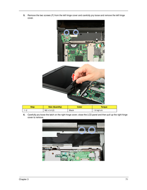 Page 81Chapter 371
5.Remove the two screws (F) from the left hinge cover and carefully pry loose and remove the left hinge 
cover.    
6.Carefully pry loose the latch on the right hinge cover; close the LCD panel and then pull up the right hinge 
cover to remove. 
StepSize (Quantity)ColorTo r q u e
1~2 M2 x L4 (2) Black 1.6 kgf-cm 