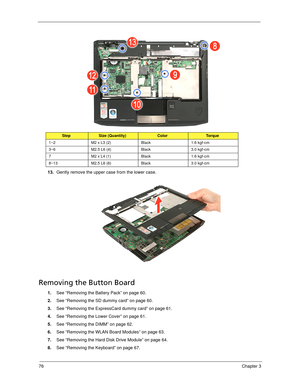 Page 8676Chapter 3
13.Gently remove the upper case from the lower case. 
Removing the Button Board
1.See “Removing the Battery Pack” on page 60.
2.See “Removing the SD dummy card” on page 60.
3.See “Removing the ExpressCard dummy card” on page 61.
4.See “Removing the Lower Cover” on page 61.
5.See “Removing the DIMM” on page 62.
6.See “Removing the WLAN Board Modules” on page 63.
7.See “Removing the Hard Disk Drive Module” on page 64.
8.See “Removing the Keyboard” on page 67.
StepSize (Quantity)ColorTo r q u e...