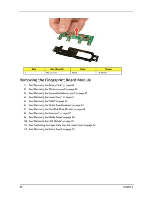 Page 9080Chapter 3
 
Removing the Fingerprint Board Module
1.See “Removing the Battery Pack” on page 60.
2.See “Removing the SD dummy card” on page 60.
3.See “Removing the ExpressCard dummy card” on page 61.
4.See “Removing the Lower Cover” on page 61.
5.See “Removing the DIMM” on page 62.
6.See “Removing the WLAN Board Modules” on page 63.
7.See “Removing the Hard Disk Drive Module” on page 64.
8.See “Removing the Keyboard” on page 67.
9.See “Removing the Middle Cover” on page 68.
10.See “Removing the LCD...