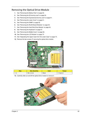 Page 93Chapter 383
Removing the Optical Drive Module
1.See “Removing the Battery Pack” on page 60.
2.See “Removing the SD dummy card” on page 60.
3.See “Removing the ExpressCard dummy card” on page 61.
4.See “Removing the Lower Cover” on page 61.
5.See “Removing the DIMM” on page 62.
6.See “Removing the WLAN Board Modules” on page 63.
7.See “Removing the Hard Disk Drive Module” on page 64.
8.See “Removing the Keyboard” on page 67.
9.See “Removing the Middle Cover” on page 68.
10.See “Removing the LCD Module” on...