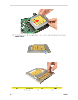 Page 9484Chapter 3
14.Remove the one screw (G) securing the locker bracket and remove the locker bracket from the optical 
disk drive module.   
StepSize (Quantity)ColorTo r q u e
1 M2 x L2.5 (1) Black 1.6 kgf-cm 