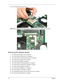 Page 10090Chapter 3
15.Lift up carefully to remove the CPU. 
NOTE: When installing the CPU, make sure to install the CPU with PIN 1 at the corner as shown. 
Removing the Modem Board 
1.See “Removing the Battery Pack” on page 60.
2.See “Removing the SD dummy card” on page 60.
3.See “Removing the ExpressCard dummy card” on page 61.
4.See “Removing the Lower Cover” on page 61.
5.See “Removing the DIMM” on page 62.
6.See “Removing the WLAN Board Modules” on page 63.
7.See “Removing the Hard Disk Drive Module” on...