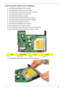 Page 97Chapter 387
Removing the Optical Drive Module
1.See “Removing the Battery Pack” on page 64.
2.See “Removing the SD dummy card” on page 64.
3.See “Removing the ExpressCard dummy card” on page 65.
4.See “Removing the Lower Cover” on page 65.
5.See “Removing the DIMM” on page 66.
6.See “Removing the WLAN Board Modules” on page 67.
7.See “Removing the Hard Disk Drive Module” on page 68.
8.See “Removing the Keyboard” on page 71.
9.See “Removing the Middle Cover” on page 72.
10.See “Removing the LCD Module” on...