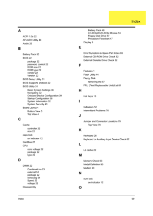 Page 107Index99
A
ACPI 1.0a 22
AFLASH Utility 44
Audio 25
B
Battery Pack 50
BIOS 22
package 22
password control 22
ROM size 22
ROM type 22
vendor 22
Ve r s i o n  2 2
BIOS Setup Utility 31
BIOS Supports protocol 22
BIOS Utility 31
Basic System Settings 36
Navigating 32
Onboard Device Configuration 39
Startup Configuration 38
System Information 32
System Security 43
Board Layout 4
Bottom View 5
Top View 4
C
Cache
controller 22
size 22
caps lock
on indicator 12
CardBus 27
CPU
core voltage 22
package 22
type 22
D...